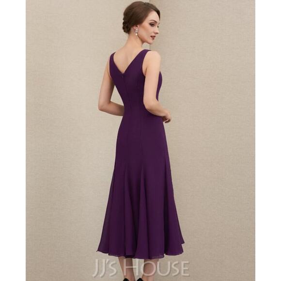 JJ’s House A-Line V-neck Tea-Length Chiffon Mother of the Bride Dress  sz 4 - Picture 1 of 10